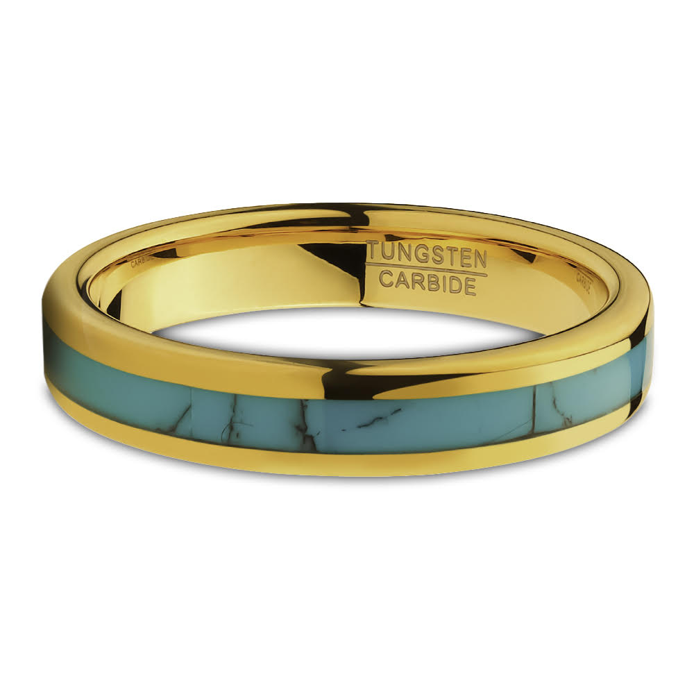 4mm Wedding Ring - Yellow Gold Wedding Band- Turquoise Tungsten Ring - Engagement Ring