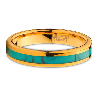 4mm Wedding Ring - Yellow Gold Wedding Band- Turquoise Tungsten Ring - Engagement Ring