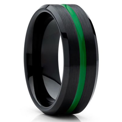 Green Tungsten Wedding Ring - Black Band - Green Tungsten Band - Clean Casting Jewelry