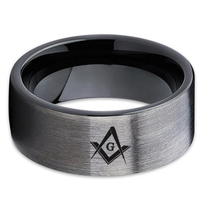Masonic Wedding Band - Gunmetal Tungsten Ring - Masonic Wedding Ring - Black - Clean Casting Jewelry