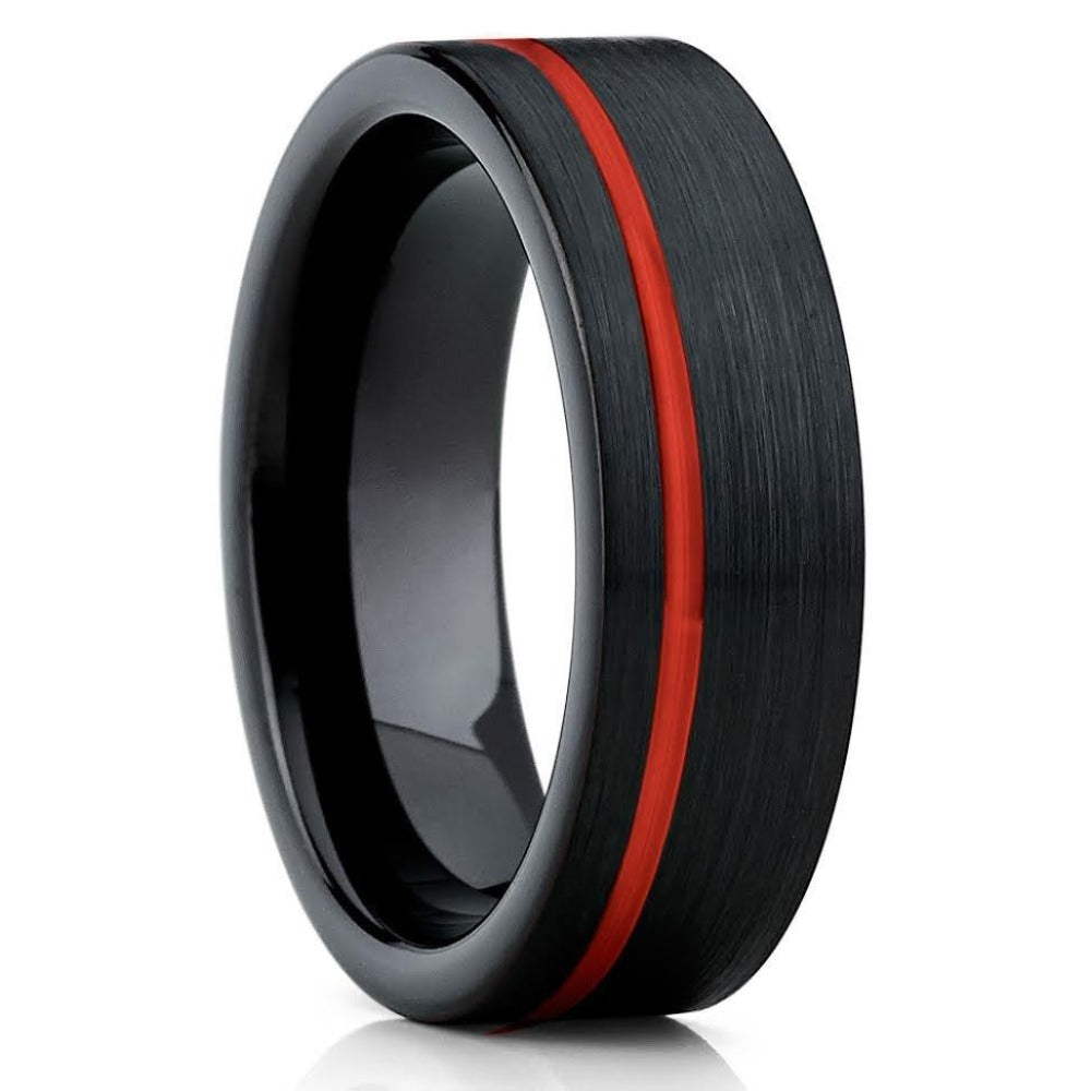 6mm - Red Tungsten Wedding Band - Black Tungsten Ring - Brush - Clean Casting Jewelry