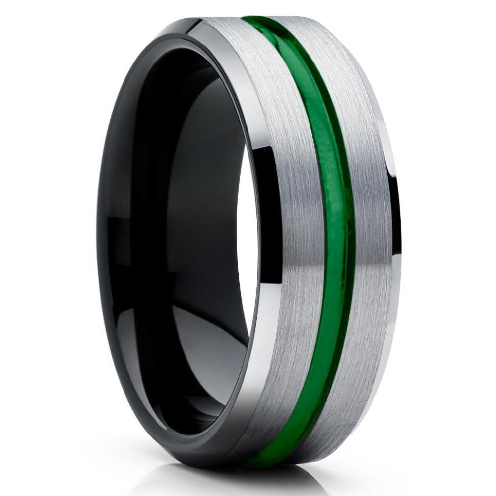 Green Tungsten Ring - Green Wedding Band - Black Tungsten Ring - Grey - Clean Casting Jewelry