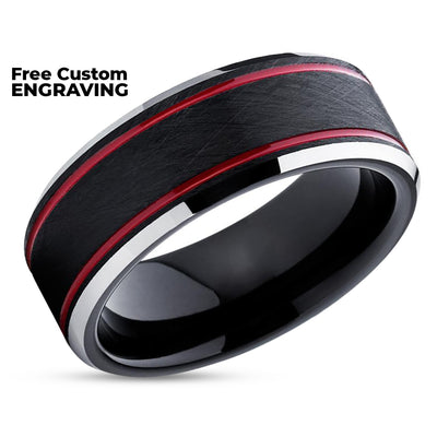 Red Wedding Ring - Black Wedding Band - Tungsten Wedding Ring - Red Wedding Ring