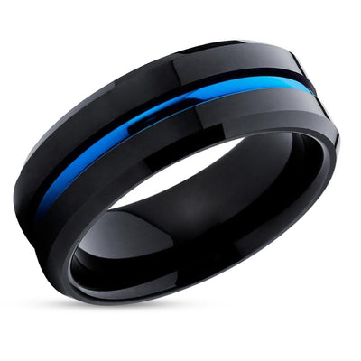 Black Wedding Ring - Blue Tungsten Ring - Blue Wedding Band - Tungsten Carbide Ring