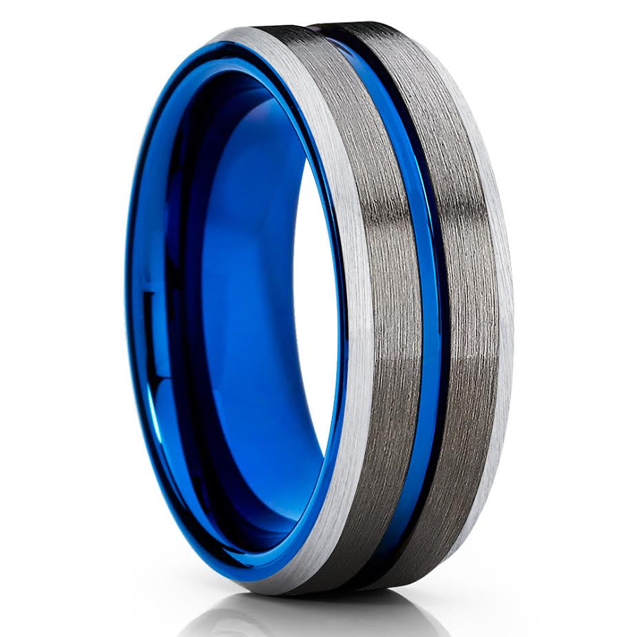 Blue Tungsten Wedding Band - 8mm - Gunmetal Ring - Men's Tungsten Ring - Clean Casting Jewelry