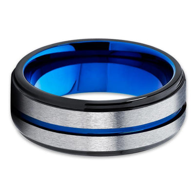 Blue Tungsten Ring - Grey Wedding Band - Blue Tungsten Band - Men's Ring - Clean Casting Jewelry