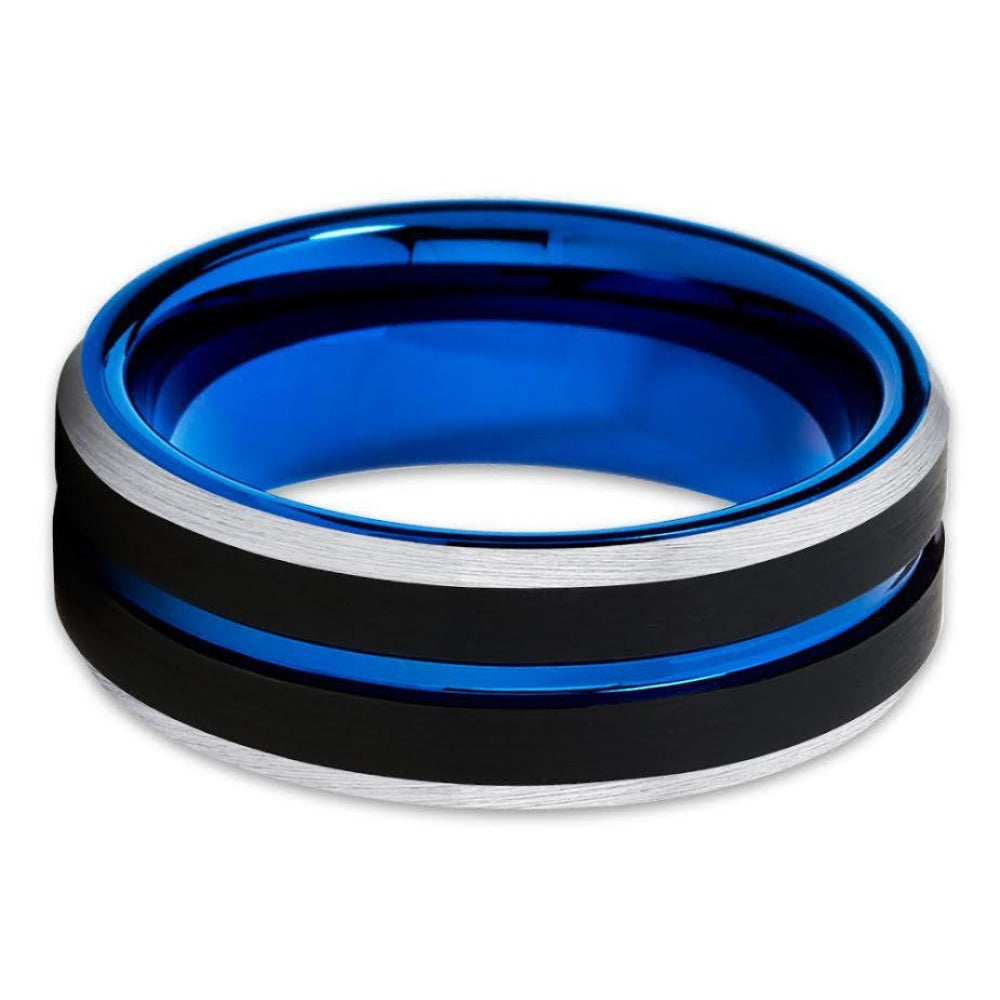Blue Tungsten Wedding Band - Blue Tungsten Ring - Men's - Black Tungsten - Clean Casting Jewelry