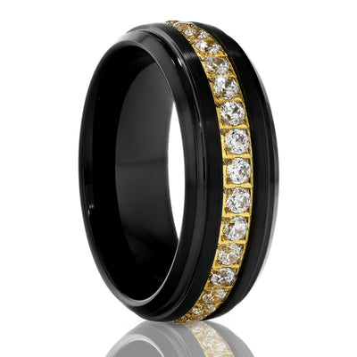 Black Wedding Ring - 8mm - Black Tungsten Ring - Men's Ring - White CZ Ring - Yellow Gold Ring