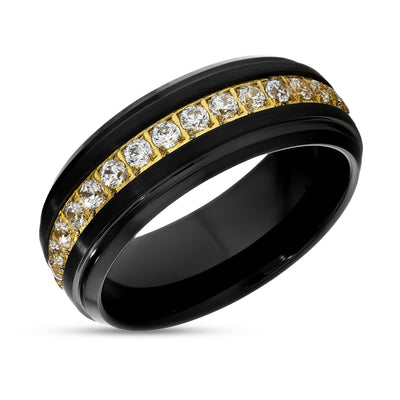 Black Wedding Ring - 8mm - Black Tungsten Ring - Men's Ring - White CZ Ring - Yellow Gold Ring