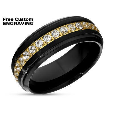 Black Wedding Ring - 8mm - Black Tungsten Ring - Men's Ring - White CZ Ring - Yellow Gold Ring