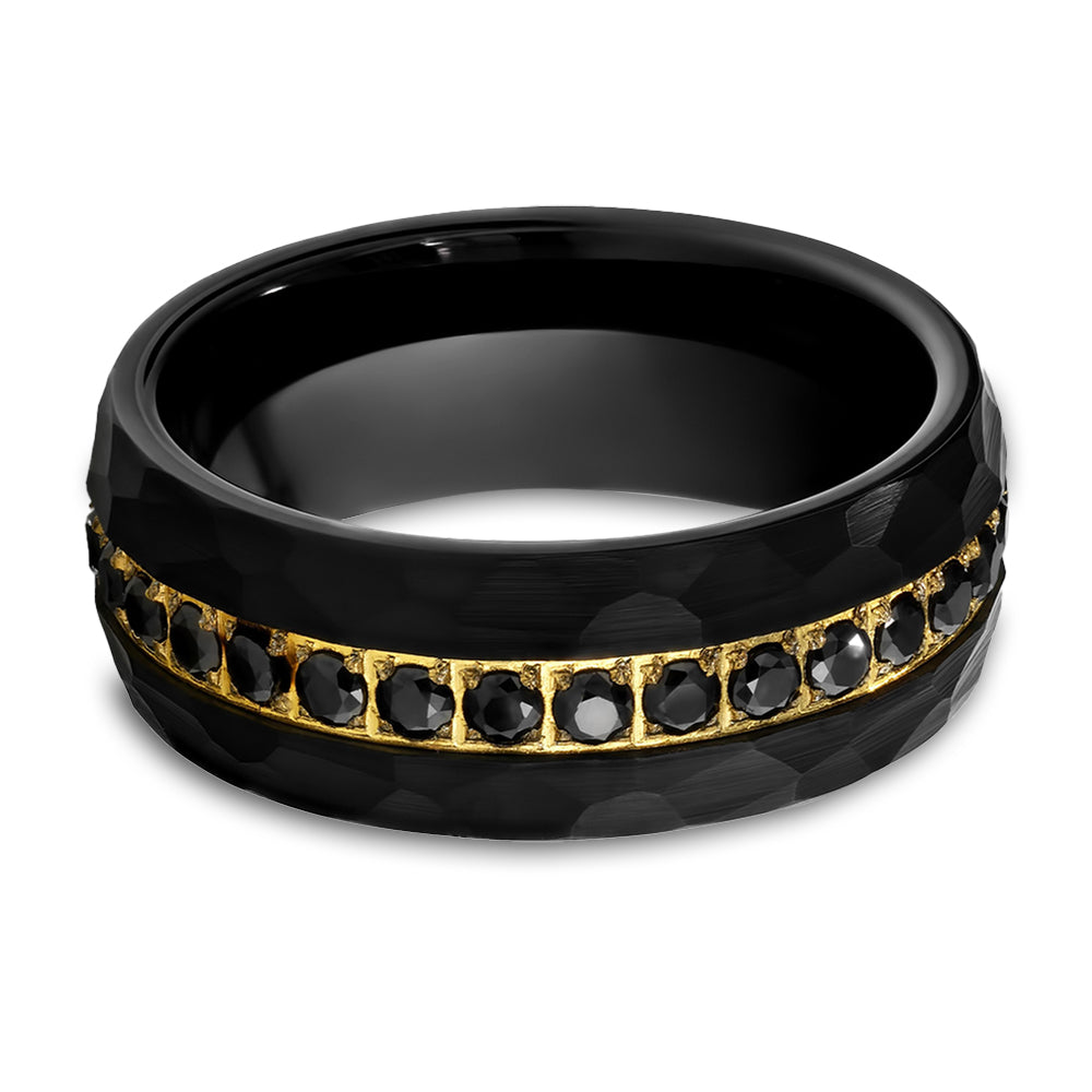 Black Wedding Ring - 8mm - Black Tungsten Ring - Men's Ring - Black CZ Ring - Yellow Gold Ring