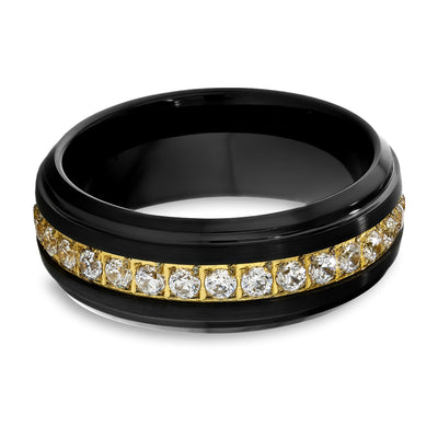 Black Wedding Ring - 8mm - Black Tungsten Ring - Men's Ring - White CZ Ring - Yellow Gold Ring