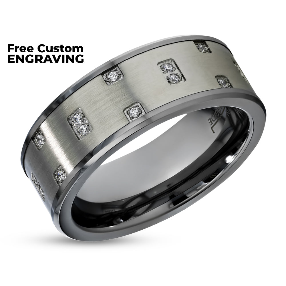 8mm Silver Tungsten Ring - Man's Wedding Ring - Tungsten Carbide Ring - CZ Ring
