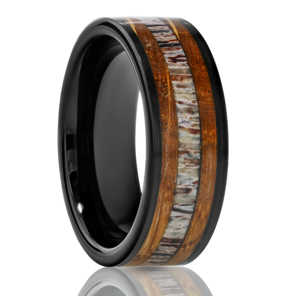 Black Tungsten Wedding Ring - Deer Antler Wedding Ring - Whiskey  Barrel Ring - 8mm Ring