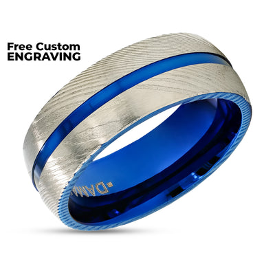 Damascus Steel Wedding Ring - 8mm Ring - Damascus Steel Ring - Blue Damascus Ring