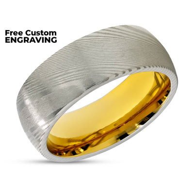 Yellow Gold Damascus Steel Wedding Ring - 8mm Ring - Damascus Steel Ring - Damascus Ring