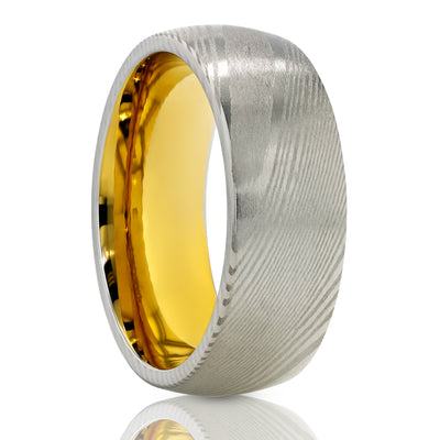 Yellow Gold Damascus Steel Wedding Ring - 8mm Ring - Damascus Steel Ring - Damascus Ring