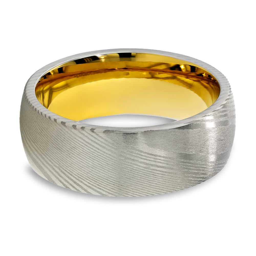 Yellow Gold Damascus Steel Wedding Ring - 8mm Ring - Damascus Steel Ring - Damascus Ring