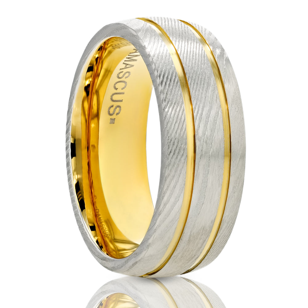 8mm Yellow Gold Damascus Steel Wedding Ring - Silver - Damascus Steel Ring - Damascus Ring