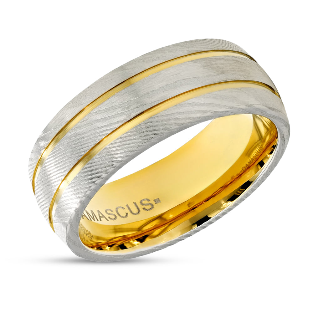 8mm Yellow Gold Damascus Steel Wedding Ring - Silver - Damascus Steel Ring - Damascus Ring