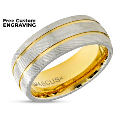 8mm Yellow Gold Damascus Steel Wedding Ring - Silver - Damascus Steel Ring - Damascus Ring