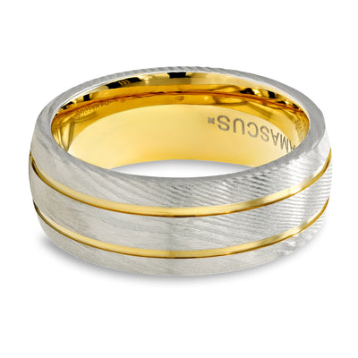 8mm Yellow Gold Damascus Steel Wedding Ring - Silver - Damascus Steel Ring - Damascus Ring