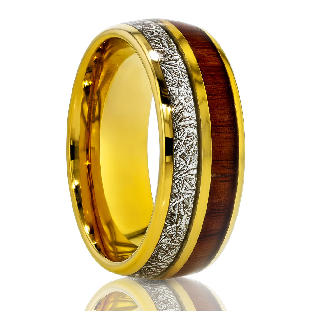 Yellow Tungsten Wedding Band - Meteorite Wedding Band -Meteorite Ring - Koa Wood
