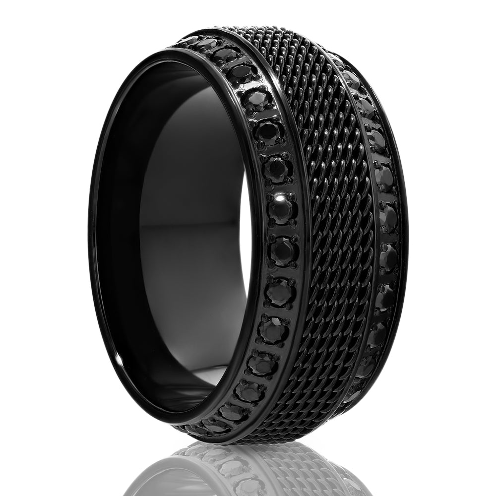 Black Titanium Wedding Ring - Chain Inlay Ring - Black CZ Wedding Ring - 8mm Ring
