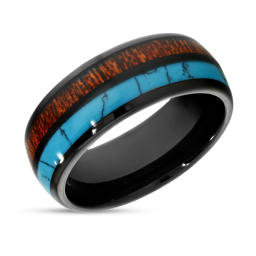Kow Wood Turquoise Wedding Ring - 8mm Wedding Ring - Dome Wedding Ring - Black