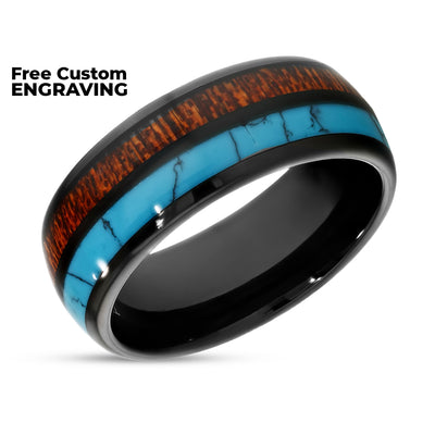 Kow Wood Turquoise Wedding Ring - 8mm Wedding Ring - Dome Wedding Ring - Black