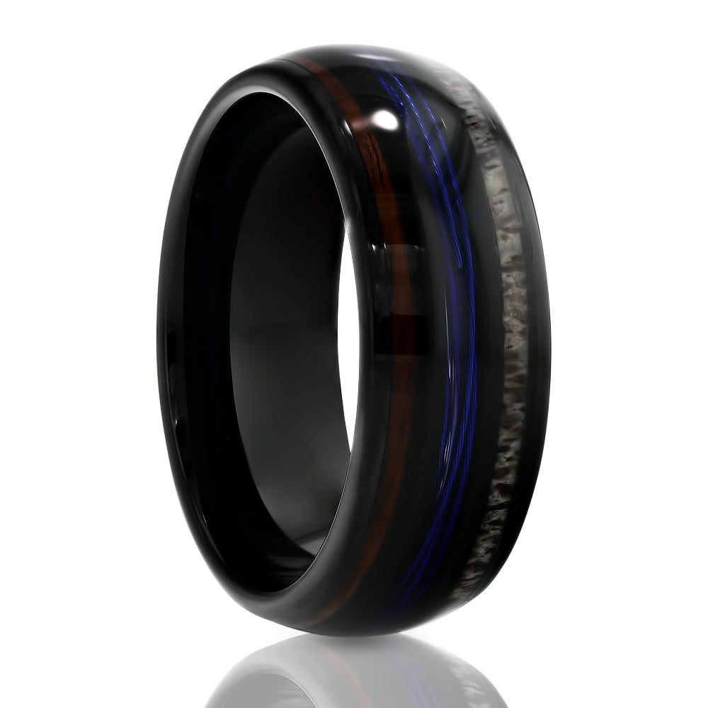 Black Tungsten Wedding Ring - Deer Antler Wedding Ring - Koa Wood Ring - 8mm Ring