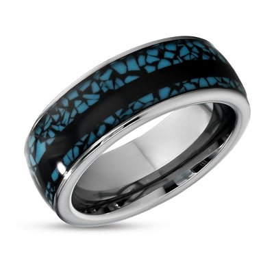 Silver Tungsten Ring - Turquoise Tungsten Ring - Wood Tungsten - 8mm - Dome Ring