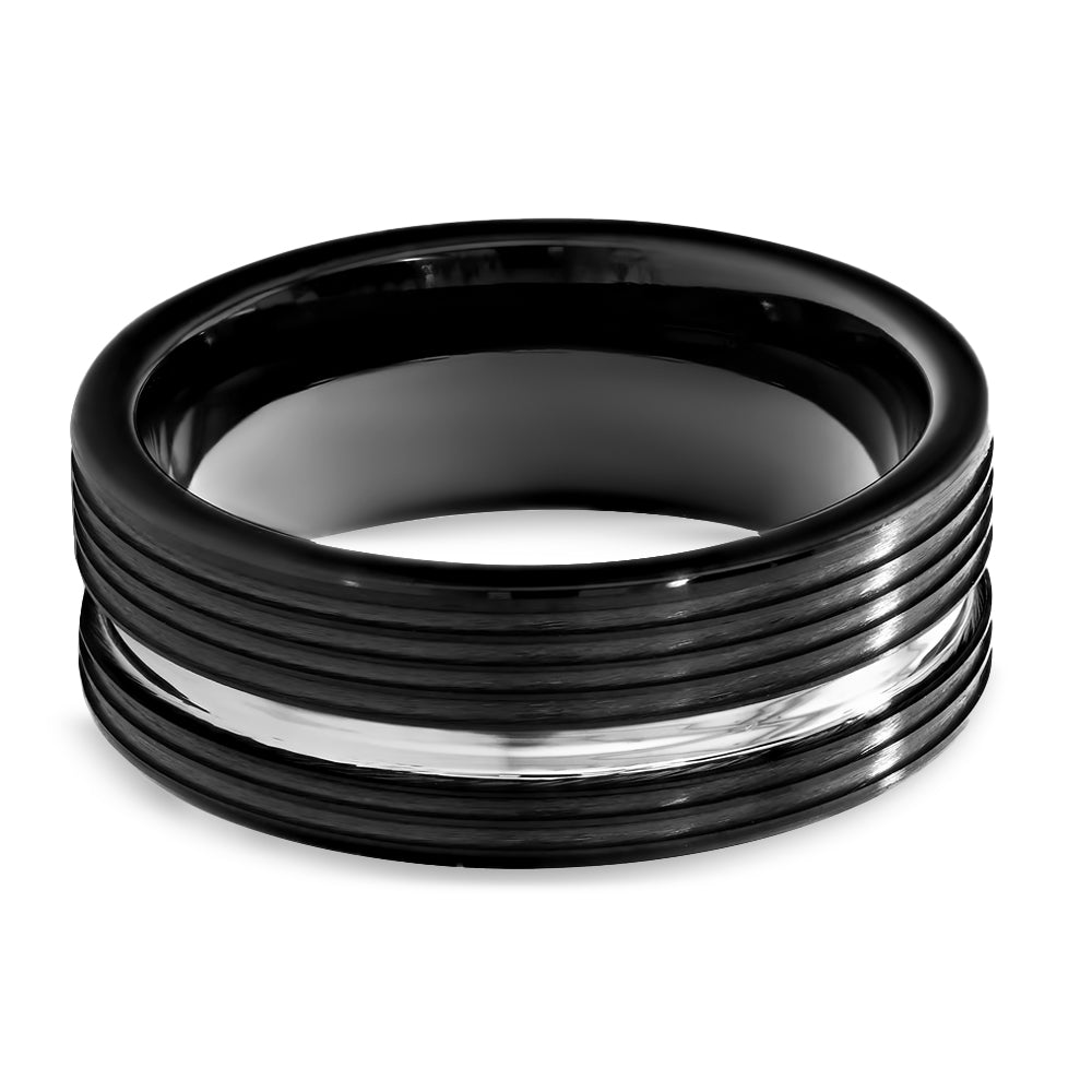 Shiny Black Tungsten Ring - 8mm Wedding Ring - Silver Groove - Black Wedding Ring