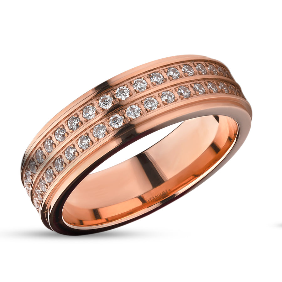 Rose Gold Titanium Wedding Ring - CZ Wedding Ring - Engagement Ring - Silver Titanium Ring - Engagement