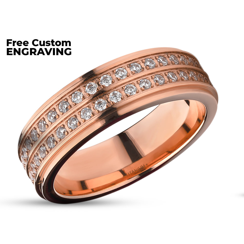 Rose Gold Titanium Wedding Ring - CZ Wedding Ring - Engagement Ring - Silver Titanium Ring - Engagement