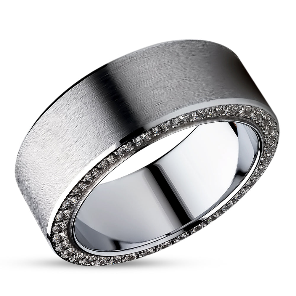 Silver Titanium Wedding Ring - 8mm Wedding Ring - Man's Wedding Ring - Black CZ Ring