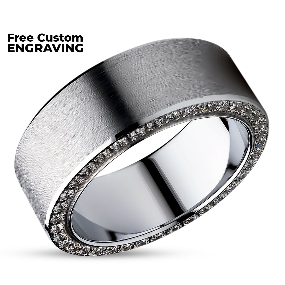 Silver Titanium Wedding Ring - 8mm Wedding Ring - Man's Wedding Ring - Black CZ Ring