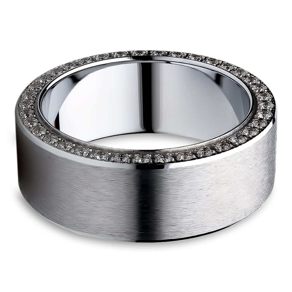 Silver Titanium Wedding Ring - 8mm Wedding Ring - Man's Wedding Ring - Black CZ Ring