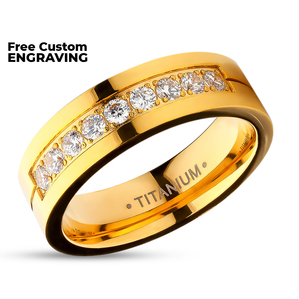 Yellow Gold Titanium Wedding Ring - CZ Wedding Ring - Engagement Ring - Yellow Gold Titanium Ring - Engagement