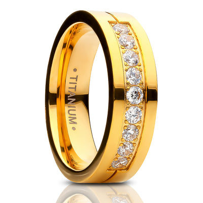 Yellow Gold Titanium Wedding Ring - CZ Wedding Ring - Engagement Ring - Yellow Gold Titanium Ring - Engagement