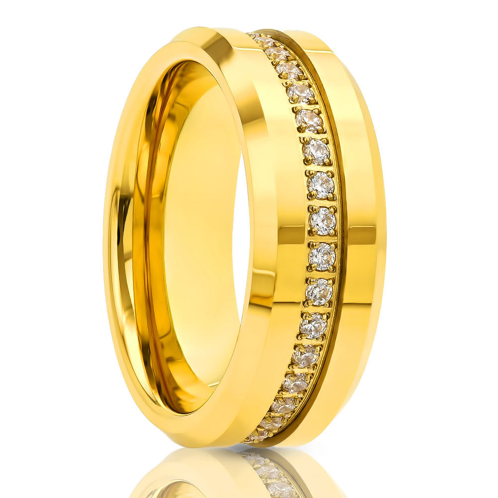 Yellow Gold Wedding Band - CZ Diamond Ring - Tungsten Carbide - 8mm Wedding Band - Men's Wedding Ring