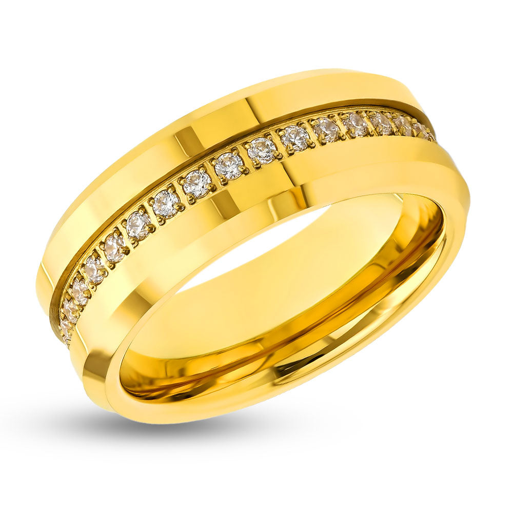 Yellow Gold Wedding Band - CZ Diamond Ring - Tungsten Carbide - 8mm Wedding Band - Men's Wedding Ring