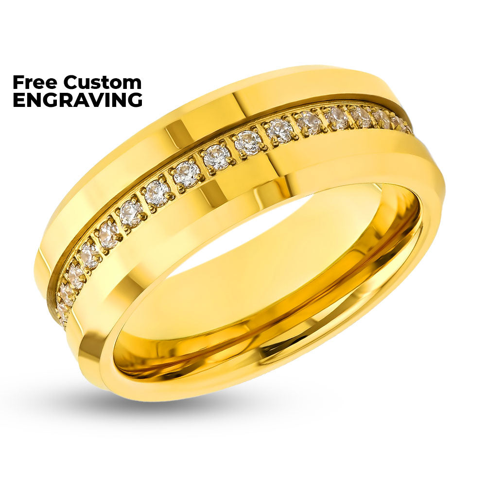 Yellow Gold Wedding Band - CZ Diamond Ring - Tungsten Carbide - 8mm Wedding Band - Men's Wedding Ring