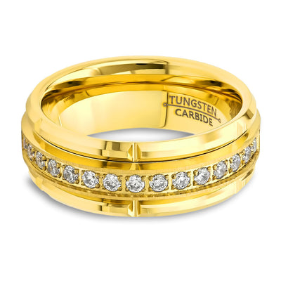 Yellow Gold Wedding Band - Tungsten Carbide Ring - 8mm Men's Wedding Band - CZ Diamond Ring
