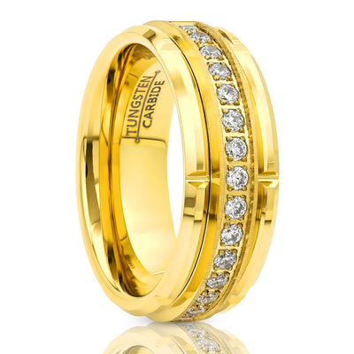 Yellow Gold Wedding Band - Tungsten Carbide Ring - 8mm Men's Wedding Band - CZ Diamond Ring