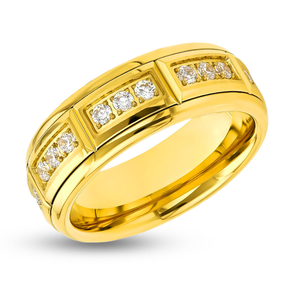 White Diamond Wedding Band - 8mm Wedding Ring - Yellow Gold Tungsten Ring - CZ Diamond Ring