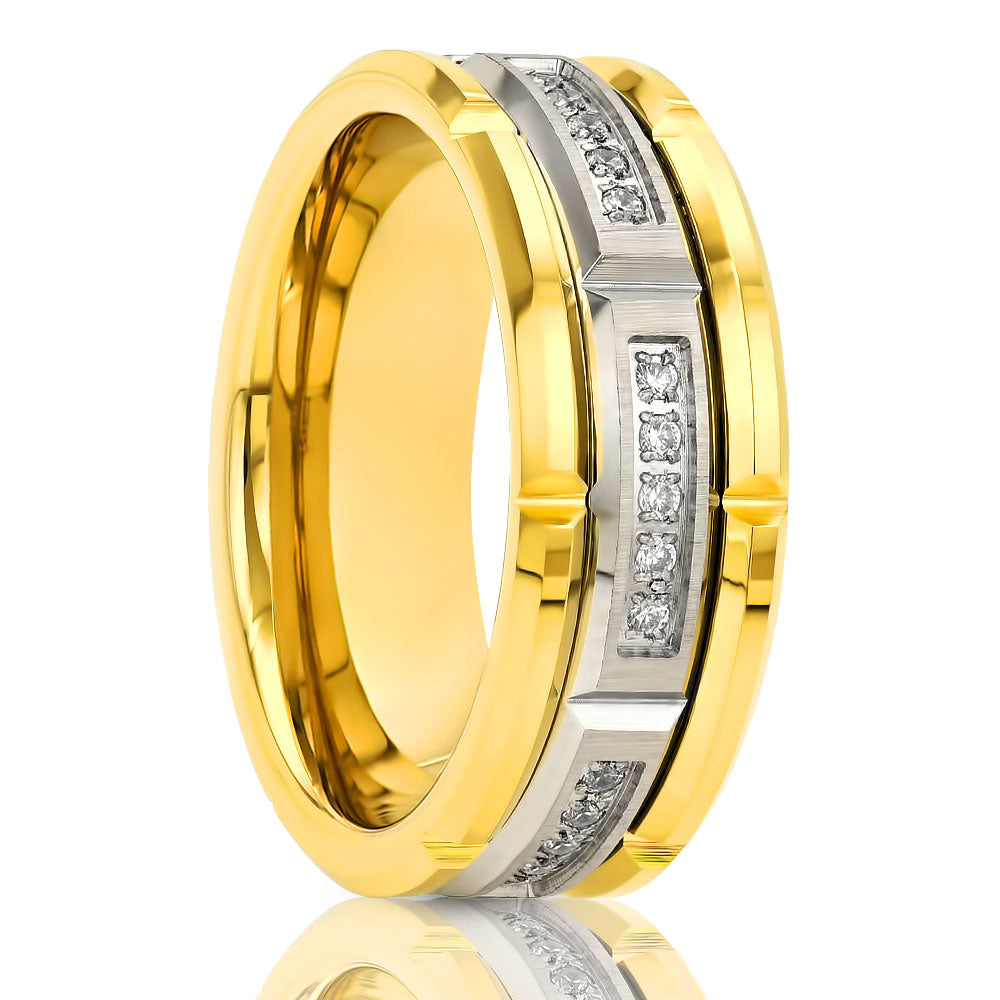 Yellow Gold Wedding Band - Tungsten Carbide Ring - 8mm Men's Wedding Band - CZ Diamond Ring (Copy)