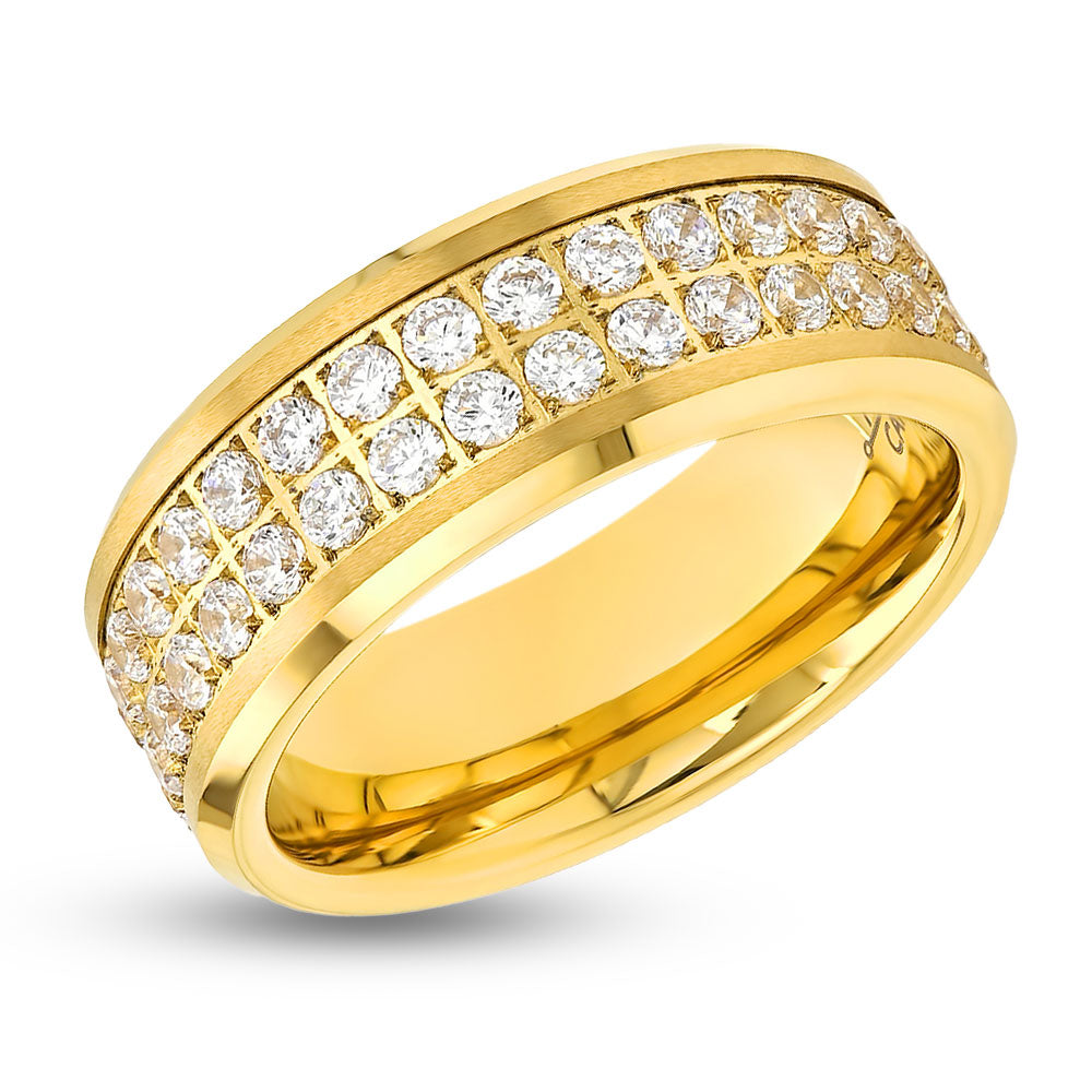 Men's Yellow Gold Ring - CZ Diamond Ring - Tungsten Carbide Ring - 8mm Yellow Gold Ring - Beveled