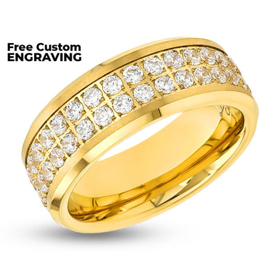 Men's Yellow Gold Ring - CZ Diamond Ring - Tungsten Carbide Ring - 8mm Yellow Gold Ring - Beveled