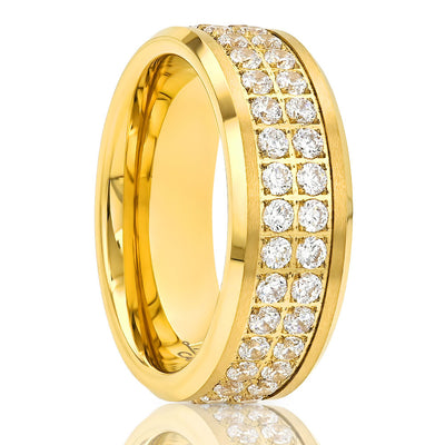 Men's Yellow Gold Ring - CZ Diamond Ring - Tungsten Carbide Ring - 8mm Yellow Gold Ring - Beveled